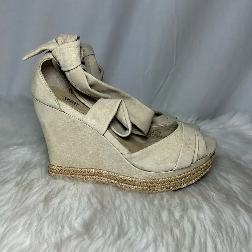 UGG Lucy‎ Ankle Light Tan Twist Wrap Jute Wedge Platform Sandals Sz 8.5